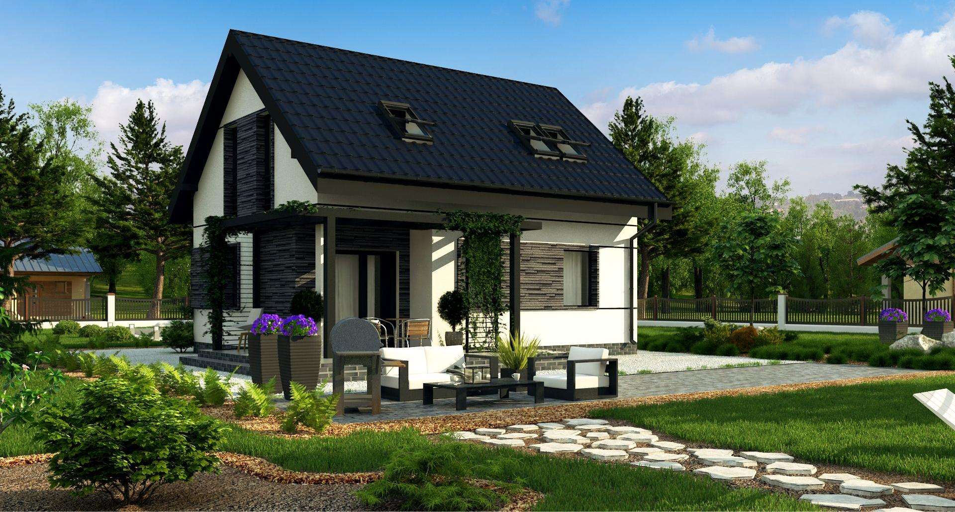 Fatada Casă cu mansardă 73 mp utili, un dormitor, 2 băi