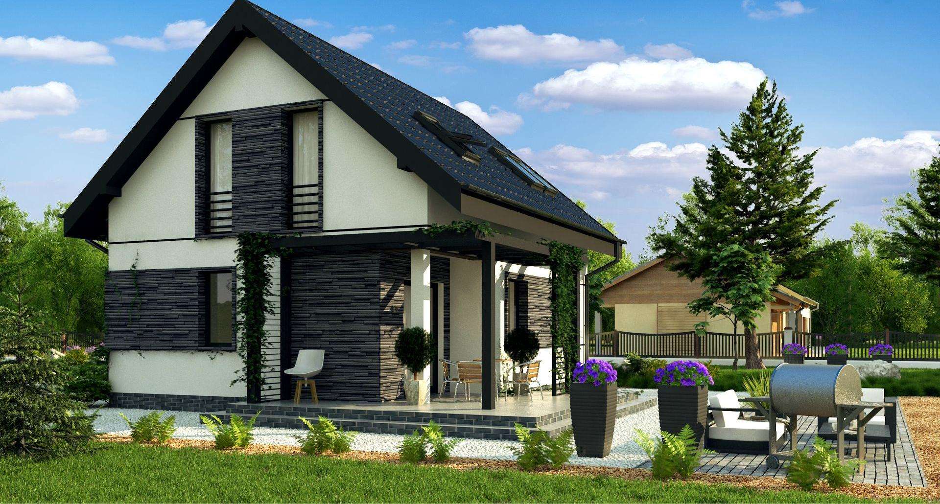 Fatada Casă cu mansardă 73 mp utili, un dormitor, 2 băi