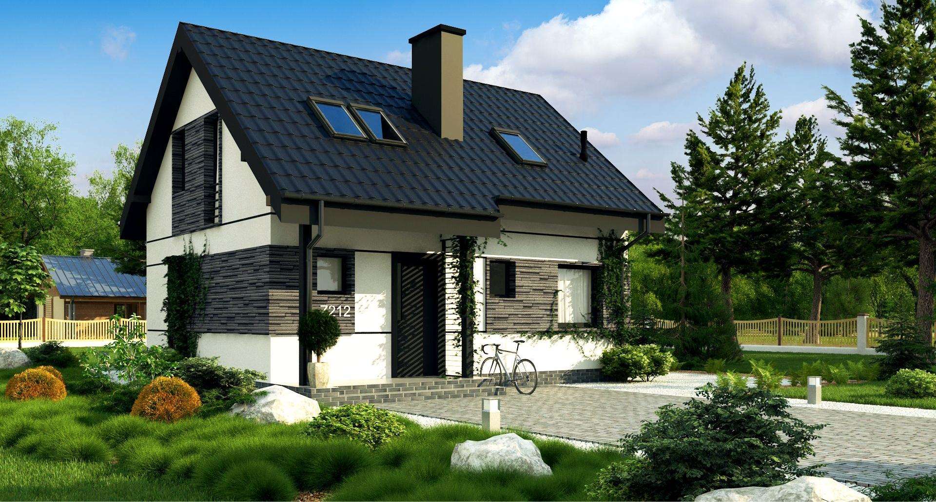 Fatada Casă cu mansardă 73 mp utili, un dormitor, 2 băi