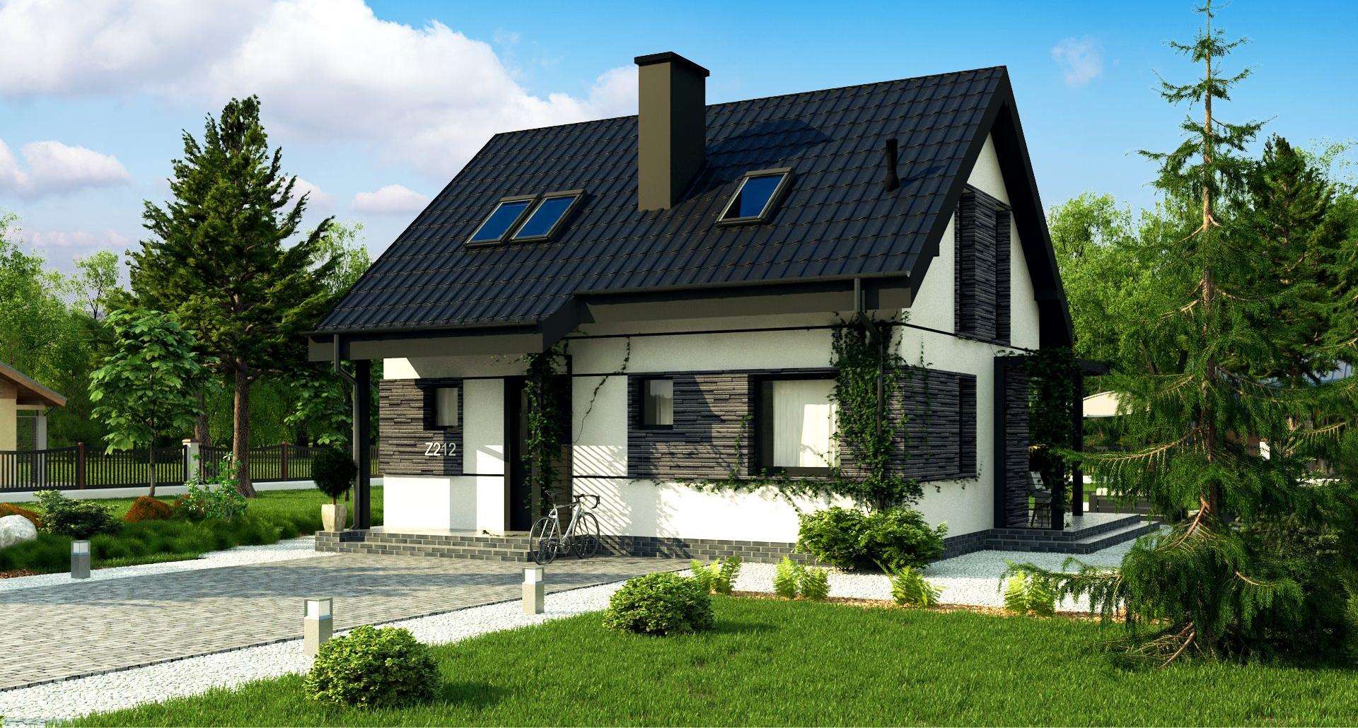 Fatada Casă cu mansardă 73 mp utili, un dormitor, 2 băi