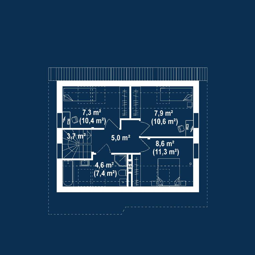 Plan mansardă Casă cu mansardă 73 mp utili, un dormitor, 2 băi