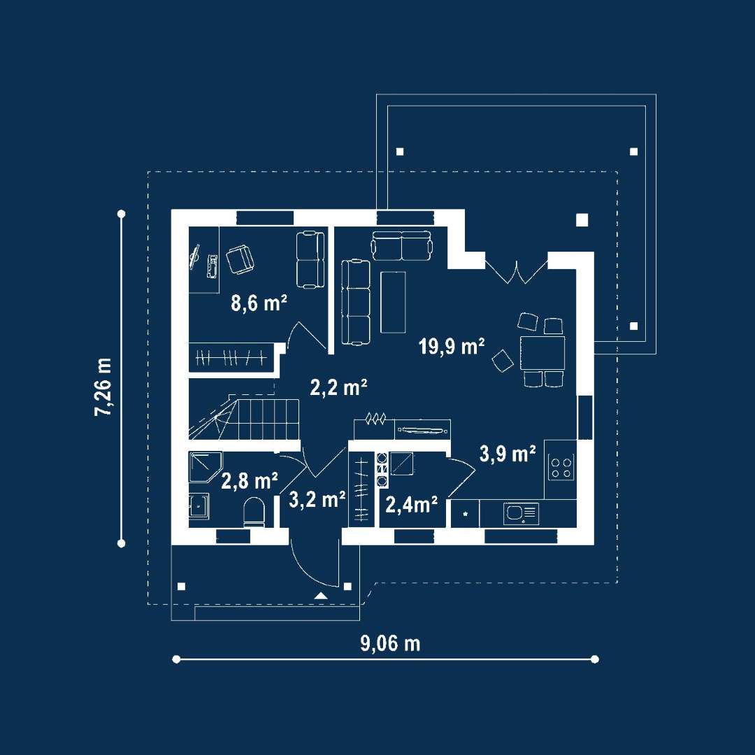Plan parter Casă cu mansardă 73 mp utili, un dormitor, 2 băi