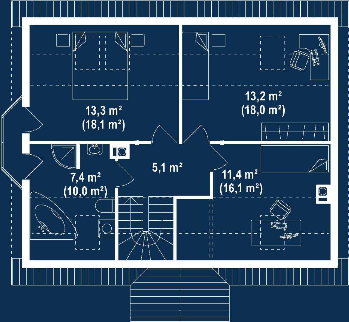 Plan mansardă Casă cu mansardă 109 mp utili, un dormitor, 2 băi