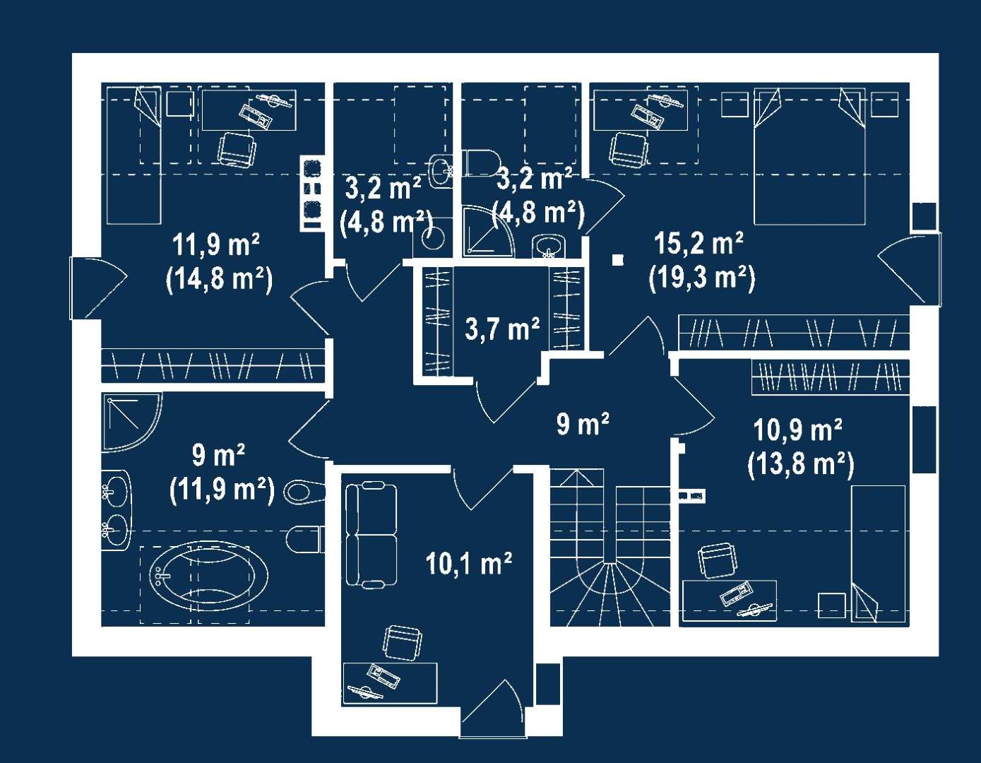 Plan mansardă Casă cu mansardă 127 mp utili, un dormitor, 2 băi
