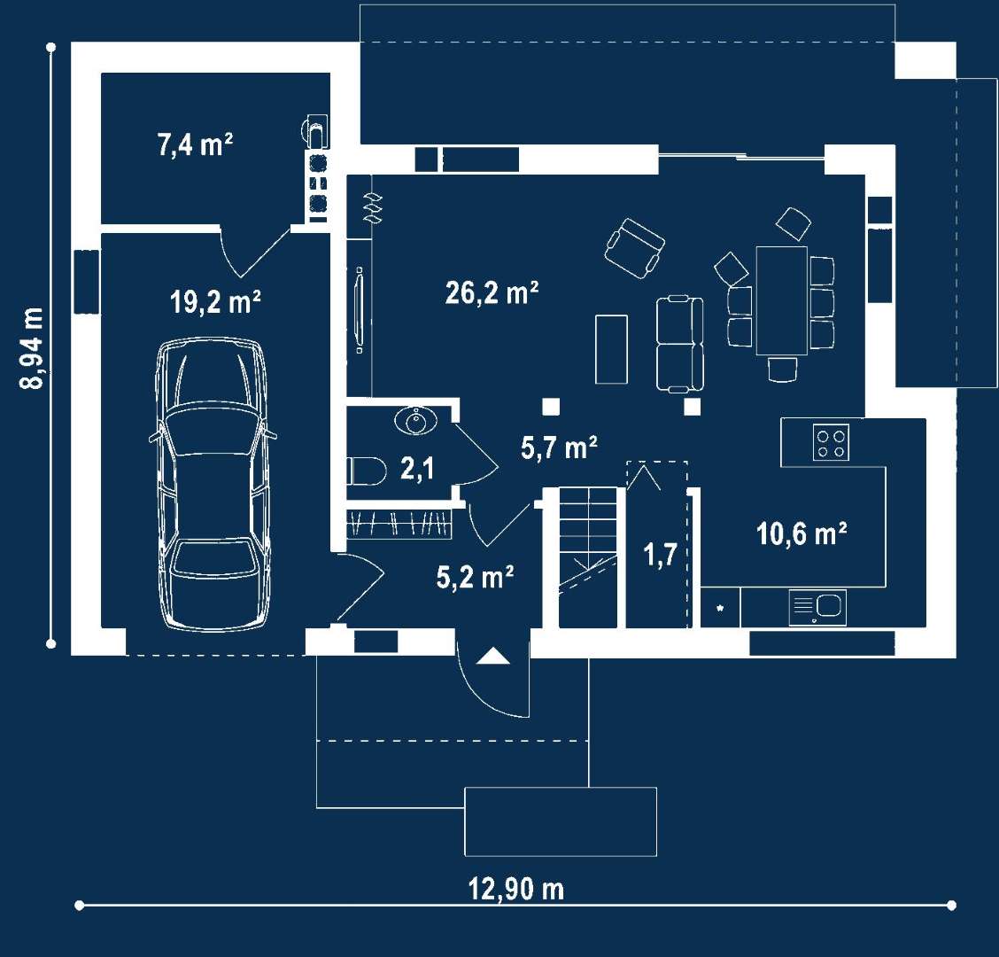 Plan parter Casă cu mansardă 127 mp utili, un dormitor, 2 băi