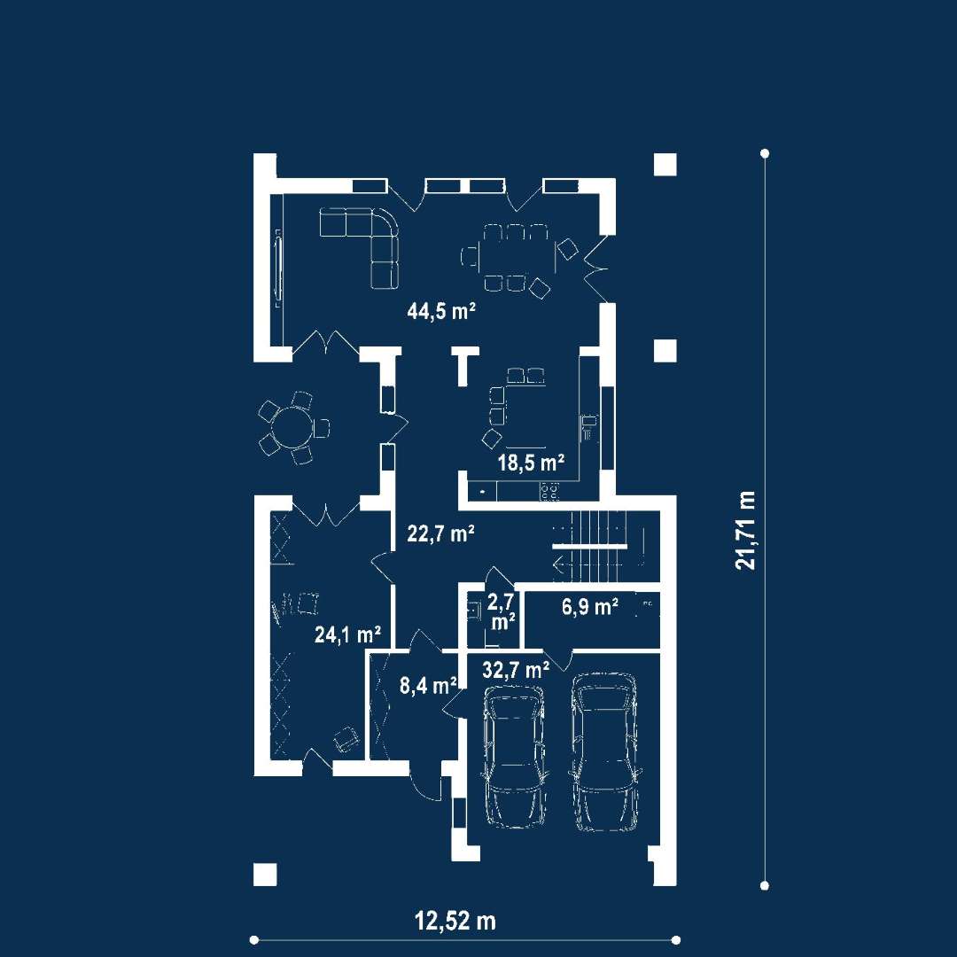 Plan parter Casă cu mansardă 228 mp utili, un dormitor, 3 băi