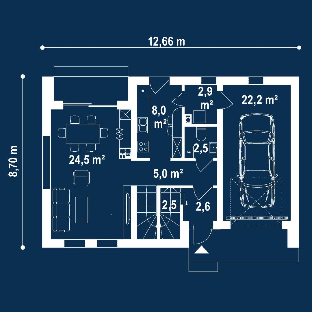 Plan parter Casă cu mansardă 89 mp utili, un dormitor, o baie