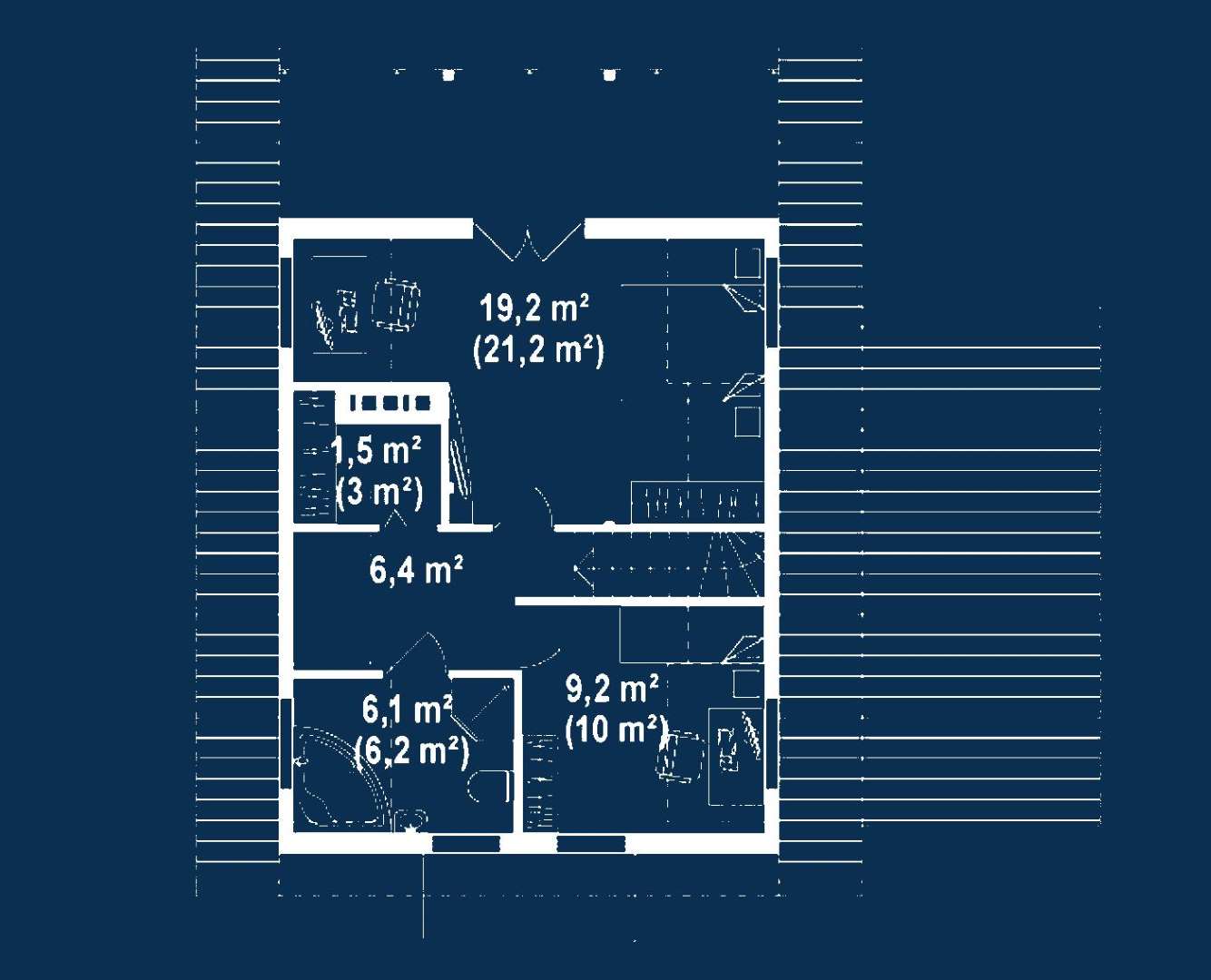 Plan mansardă Casă cu mansardă 91 mp utili, un dormitor, 2 băi