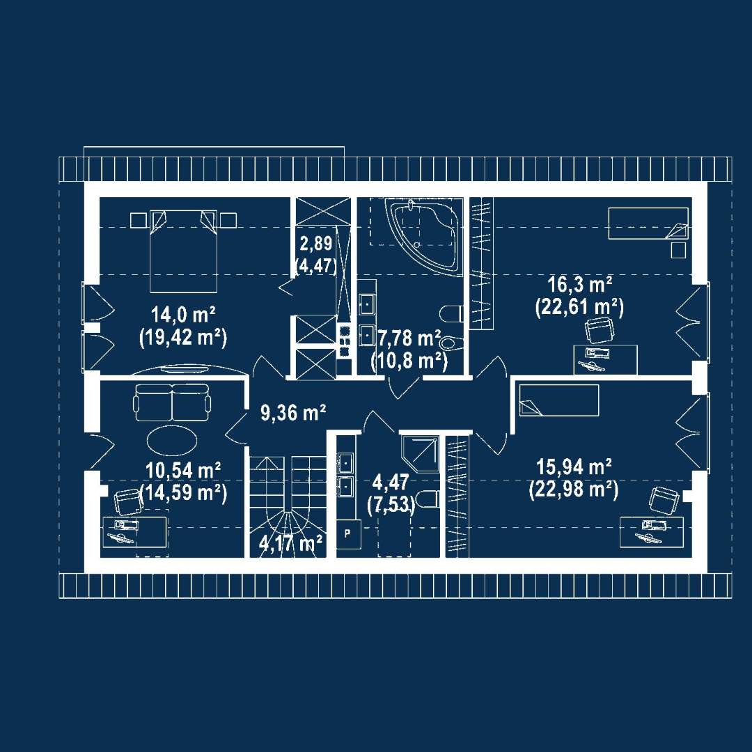 Plan mansardă Casă cu mansardă 190 mp utili, un dormitor, 3 băi