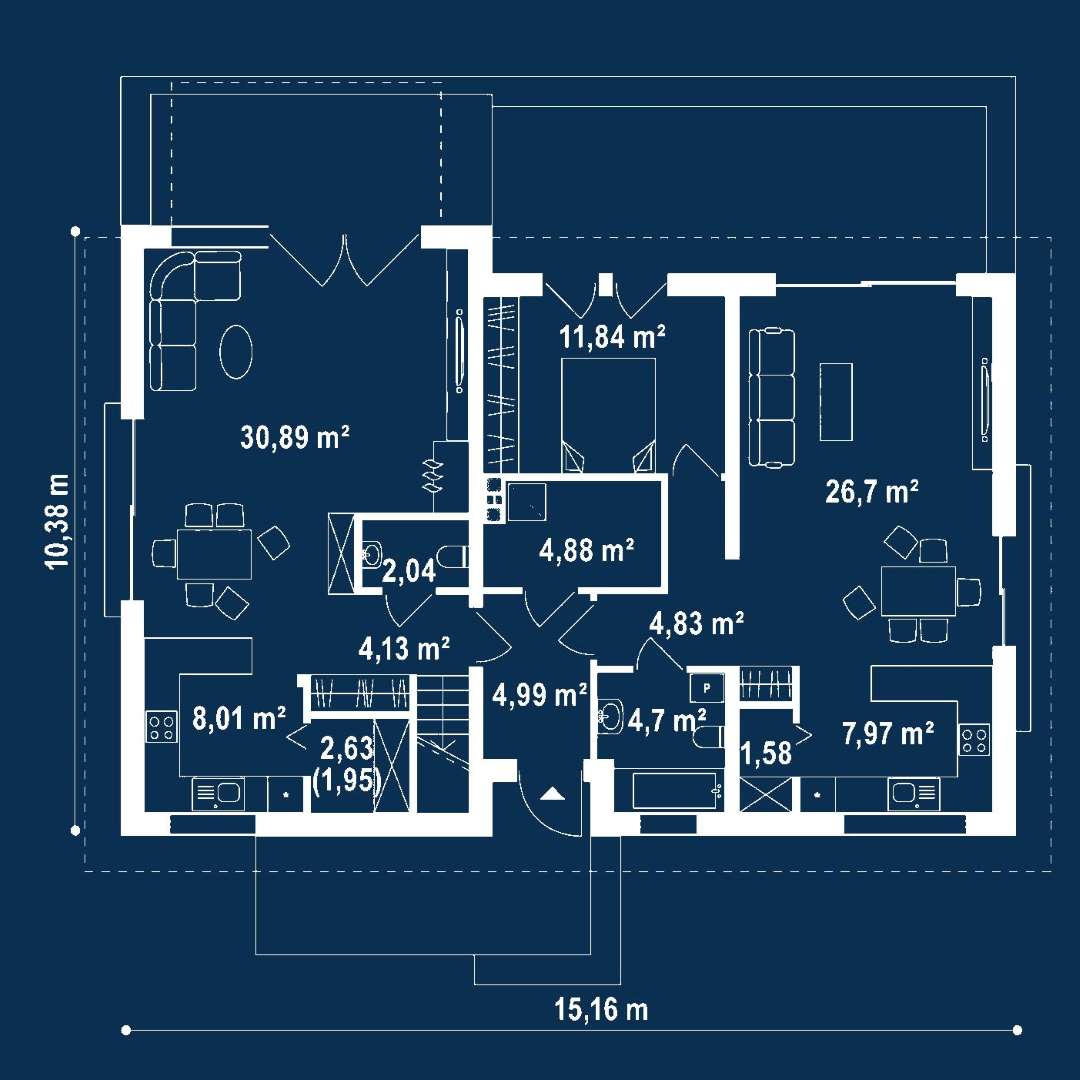 Plan parter Casă cu mansardă 190 mp utili, un dormitor, 3 băi