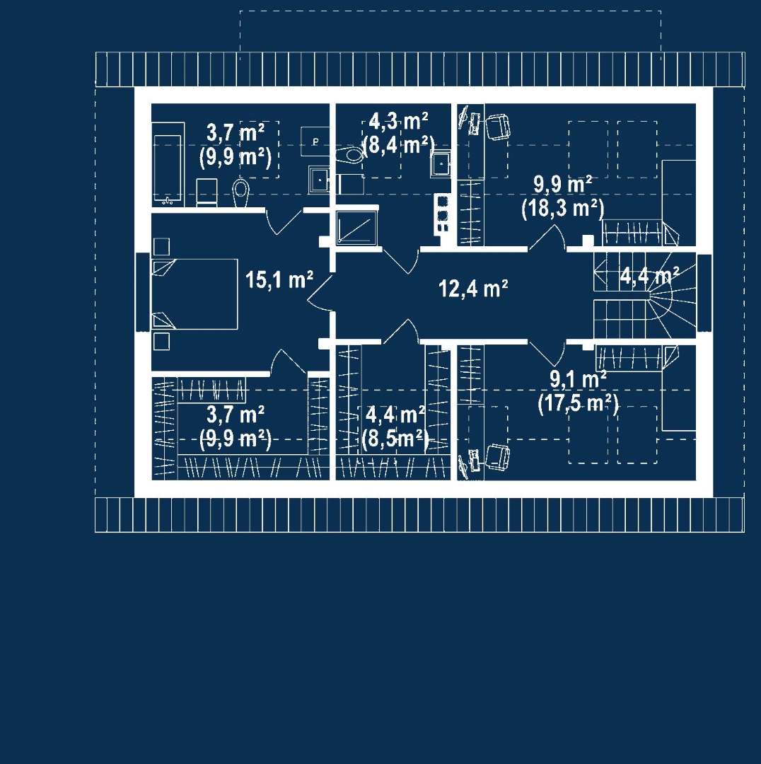Plan mansardă Casă cu mansardă 154 mp utili, un dormitor, 3 băi