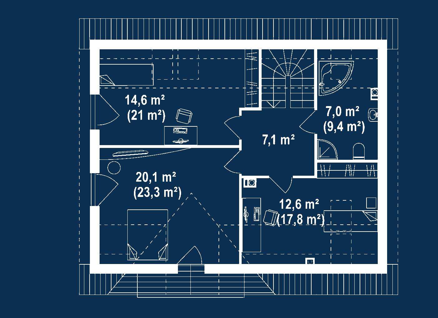 Plan mansardă Casă cu mansardă 139 mp utili, un dormitor, o baie