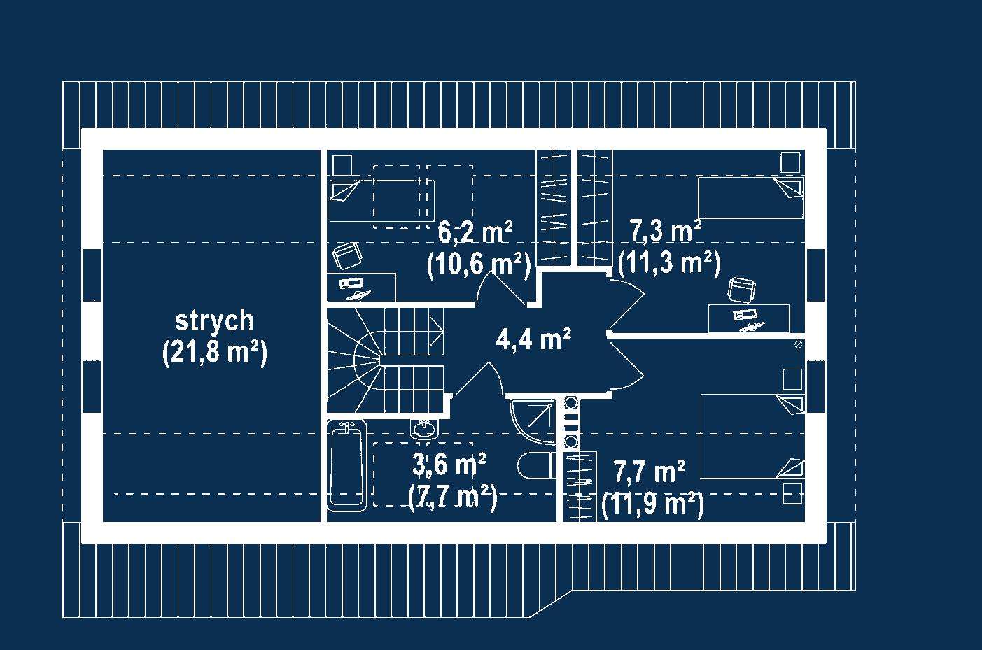 Plan mansardă Casă cu mansardă 71 mp utili, un dormitor, 2 băi