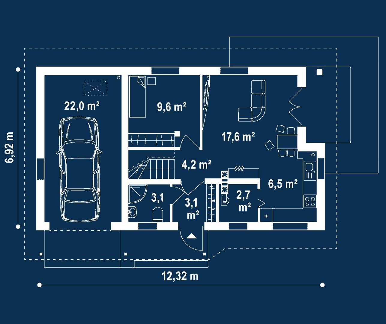 Plan parter Casă cu mansardă 71 mp utili, un dormitor, 2 băi