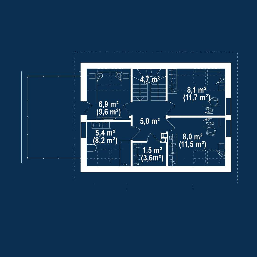 Plan mansardă Casă cu mansardă 81 mp utili, un dormitor, 2 băi