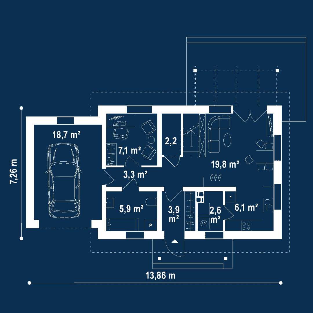 Plan parter Casă cu mansardă 81 mp utili, un dormitor, 2 băi