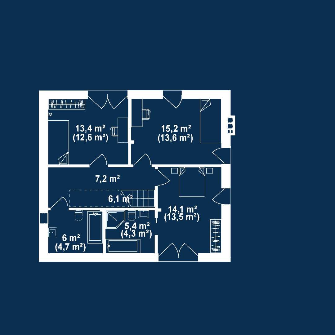 Plan mansardă Casă cu mansardă 113 mp utili, un dormitor, 2 băi
