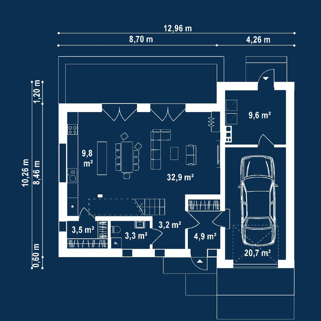 Plan parter Casă cu mansardă 113 mp utili, un dormitor, 2 băi