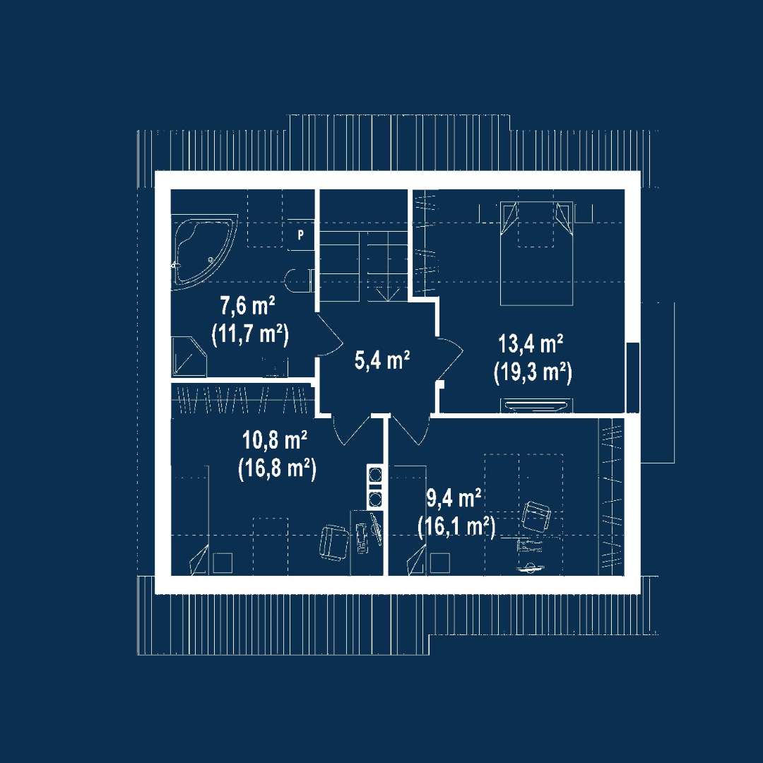 Plan mansardă Casă cu mansardă 116 mp utili, un dormitor, o baie