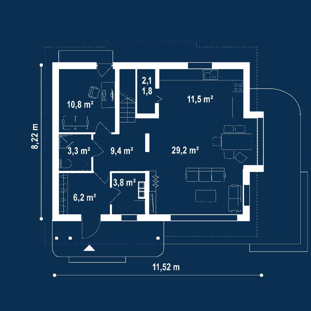 Plan parter Casă cu mansardă 116 mp utili, un dormitor, o baie