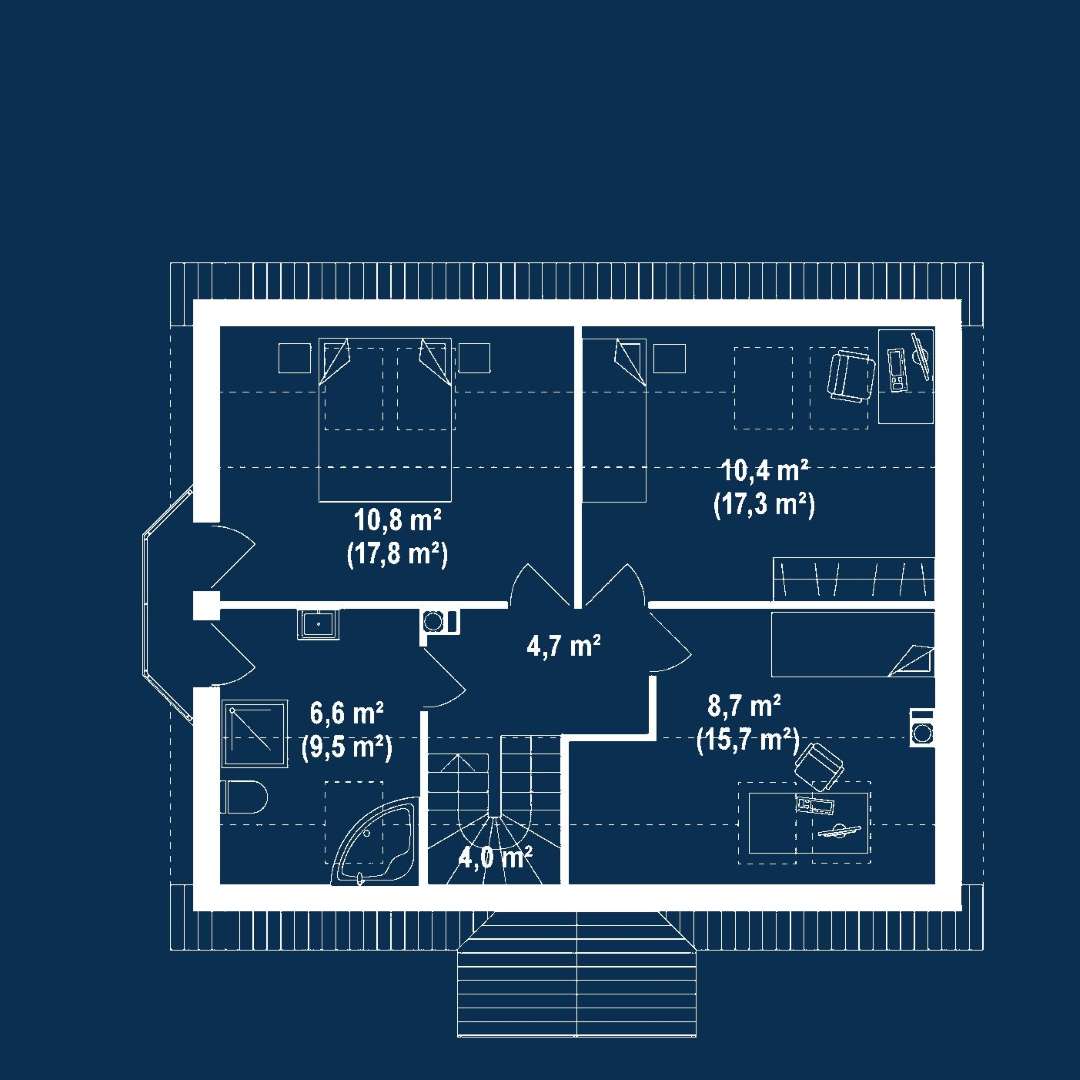 Plan mansardă Casă cu mansardă 104 mp utili, un dormitor, 2 băi