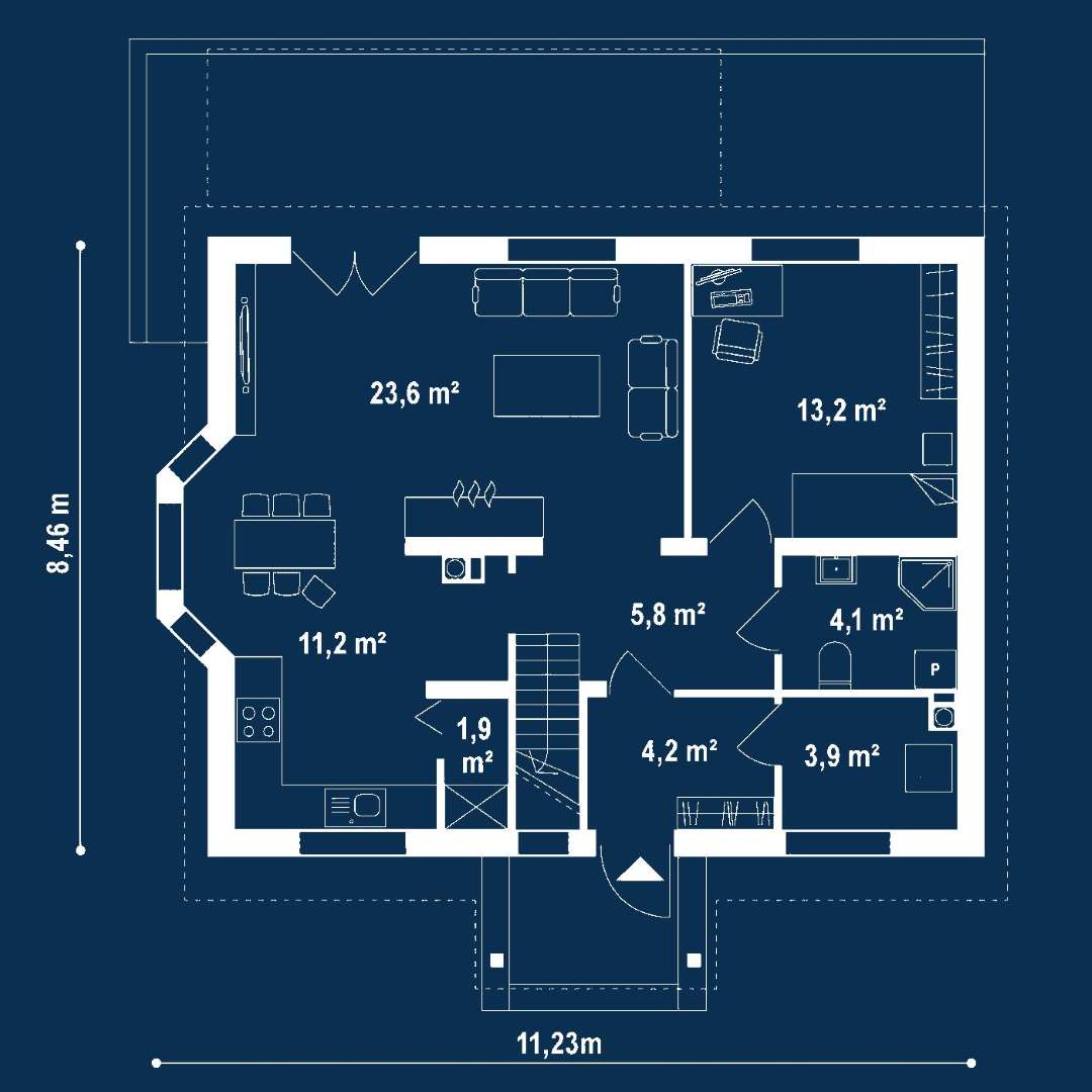 Plan parter Casă cu mansardă 104 mp utili, un dormitor, 2 băi