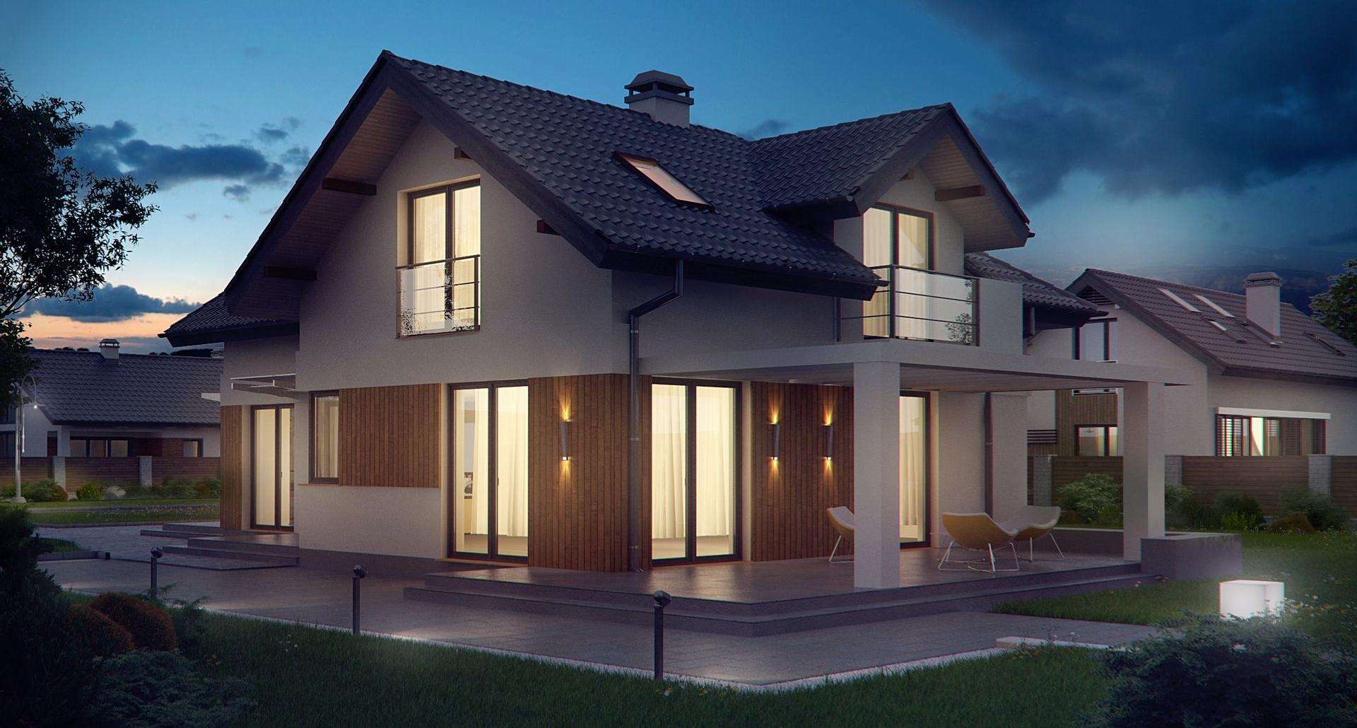Fatada Casă cu mansardă 136 mp utili, un dormitor, 2 băi