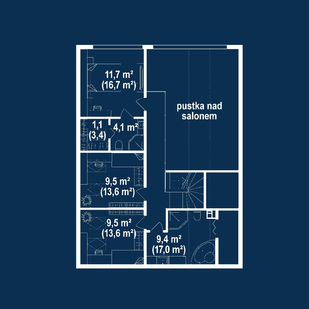 Plan mansardă Casă cu mansardă 125 mp utili, un dormitor, 3 băi