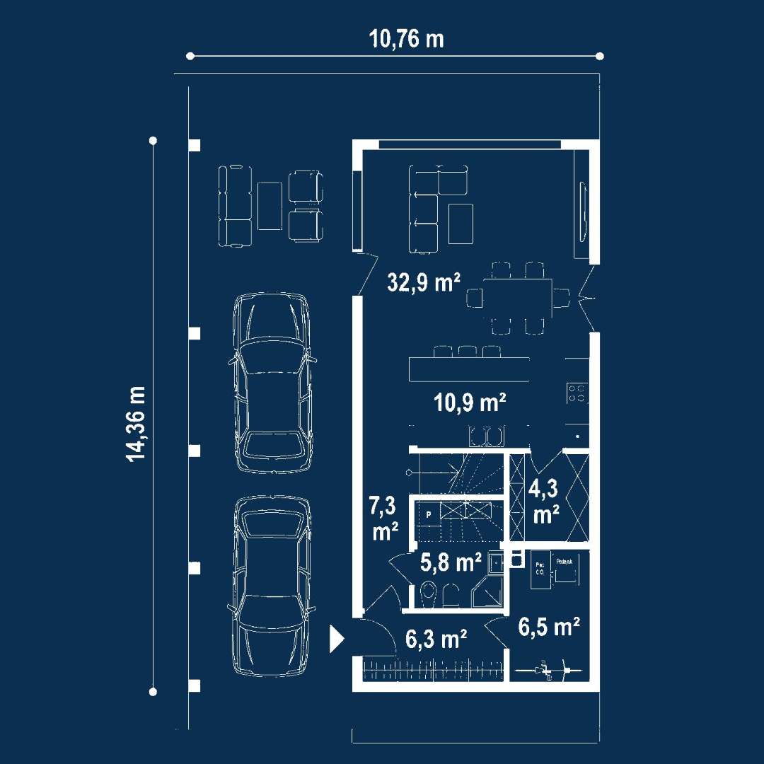 Plan parter Casă cu mansardă 125 mp utili, un dormitor, 3 băi