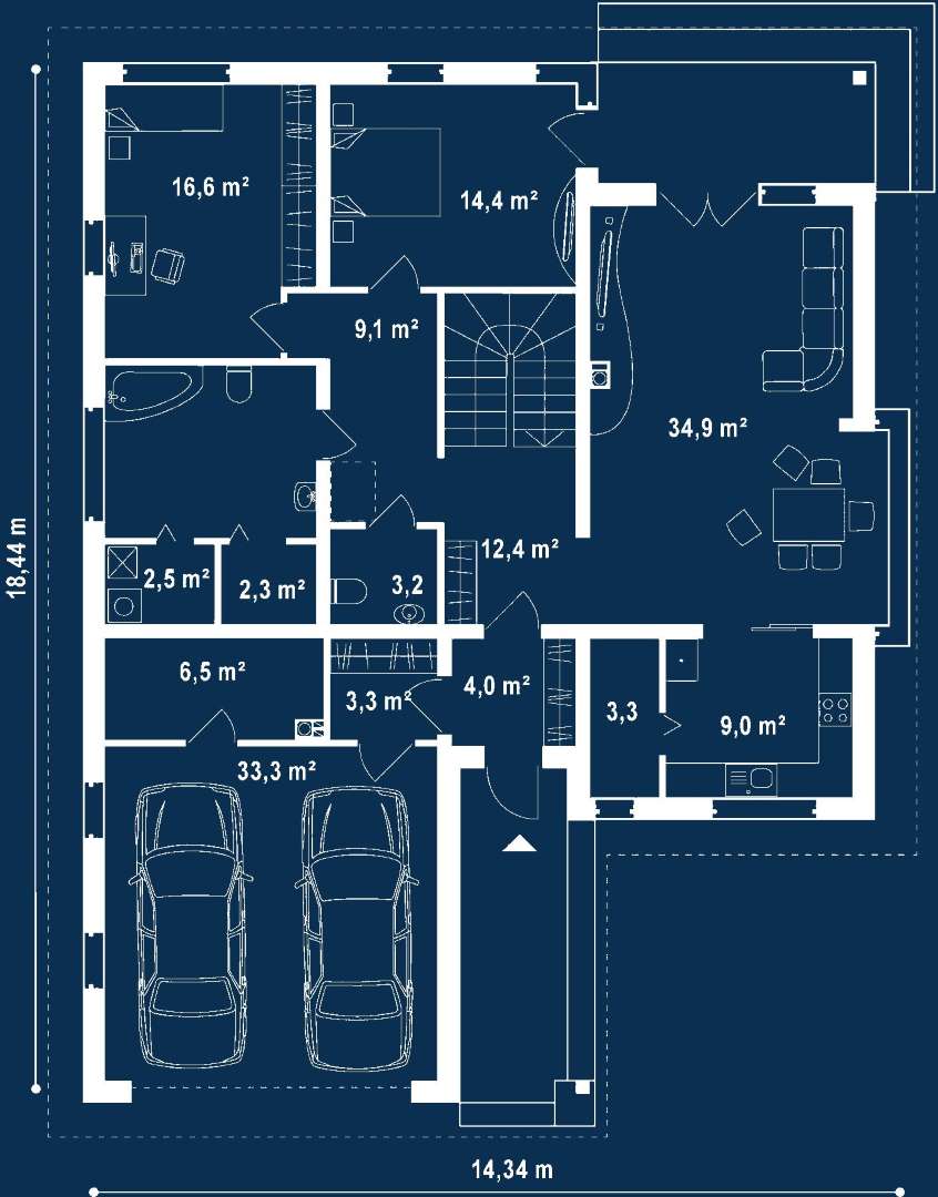 Plan parter Casă cu mansardă 192 mp utili, 2 dormitoare, 2 băi