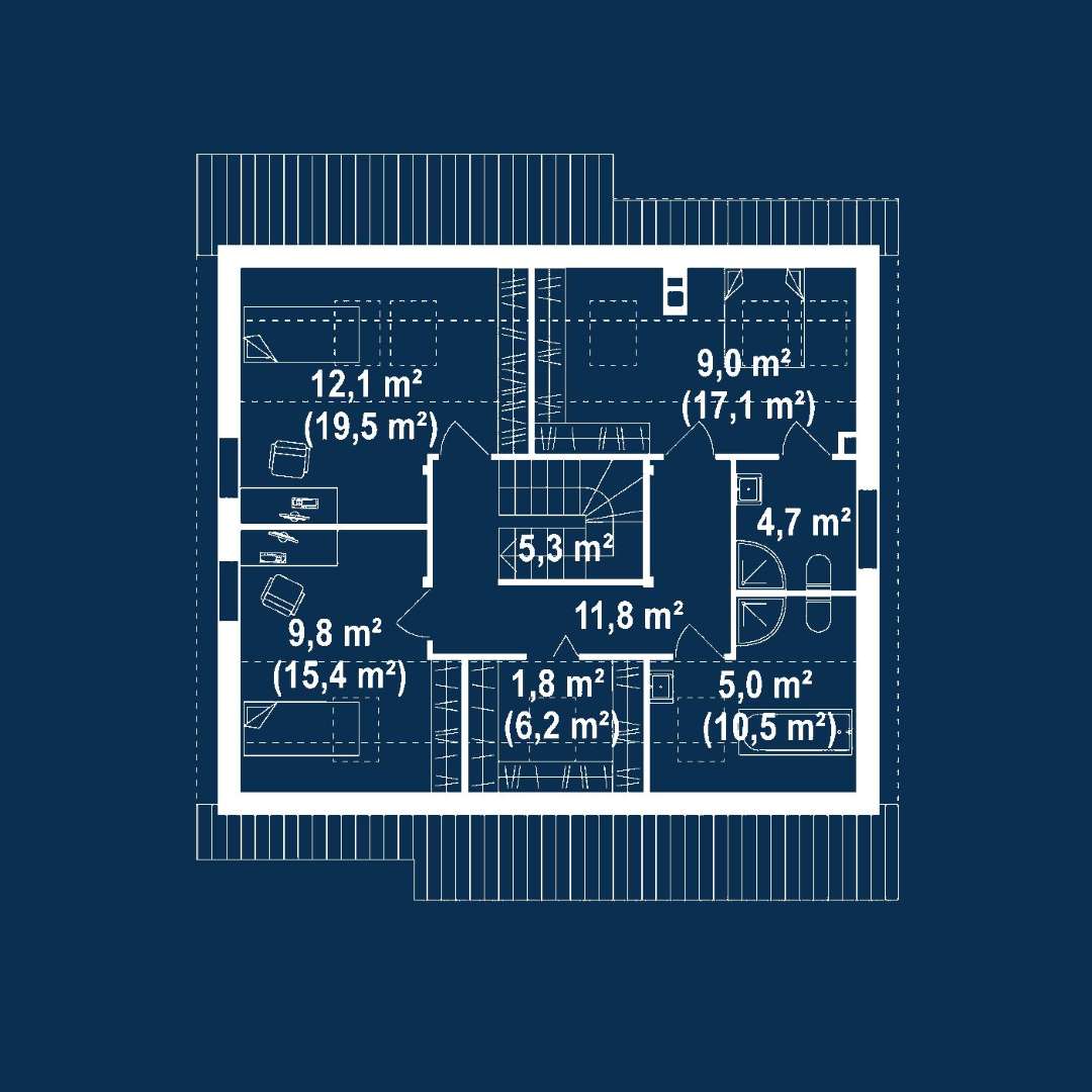 Plan mansardă Casă cu mansardă 121 mp utili, un dormitor, 2 băi