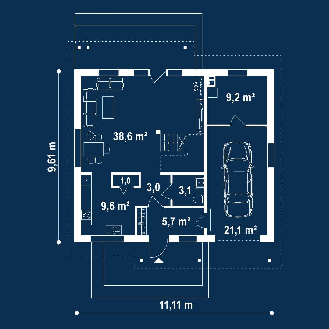 Plan parter Casă cu mansardă 121 mp utili, un dormitor, 2 băi