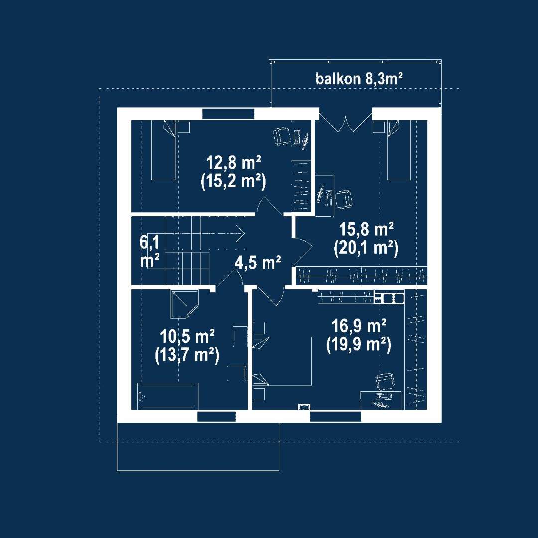 Plan mansardă Casă cu mansardă 134 mp utili, un dormitor, 2 băi