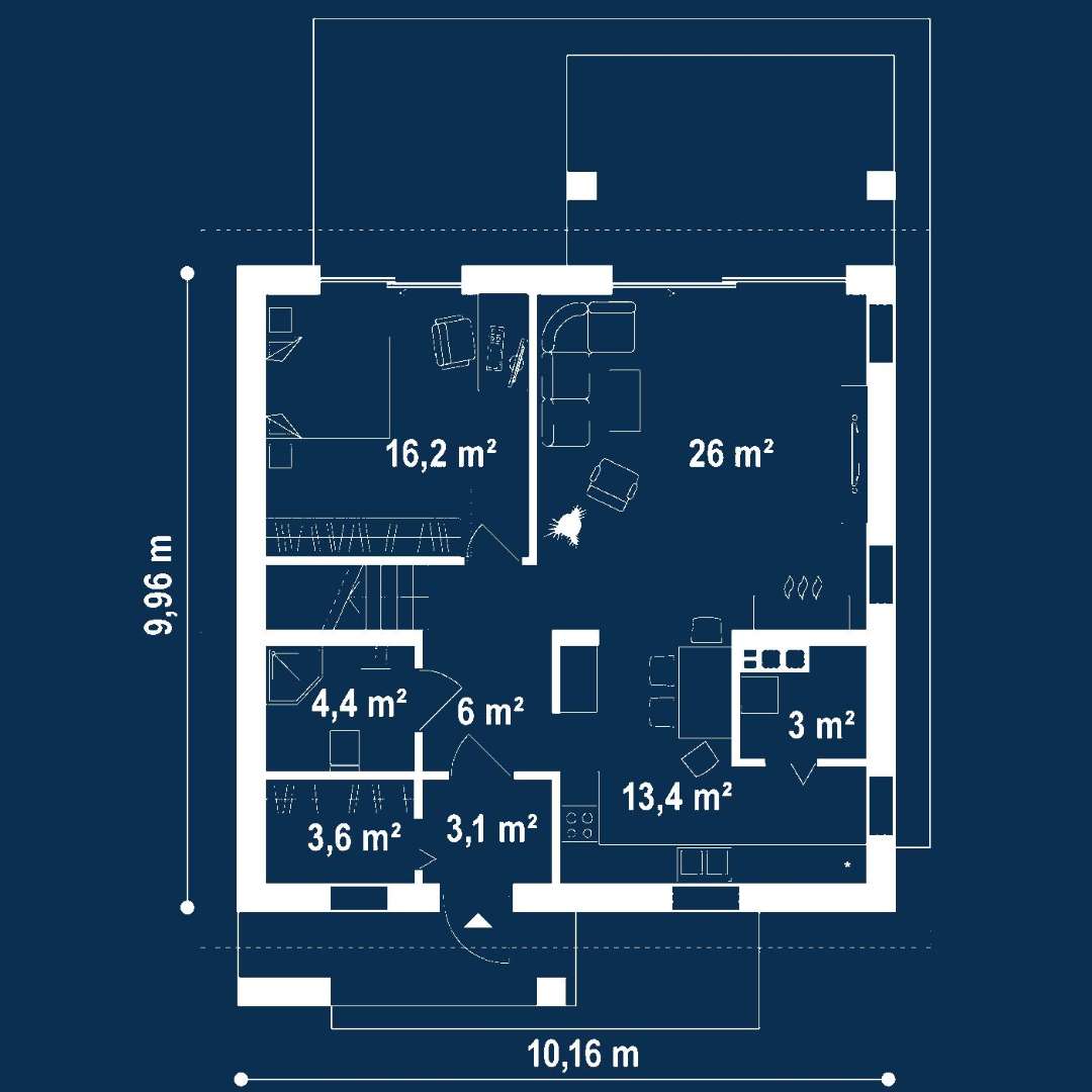Plan parter Casă cu mansardă 134 mp utili, un dormitor, 2 băi