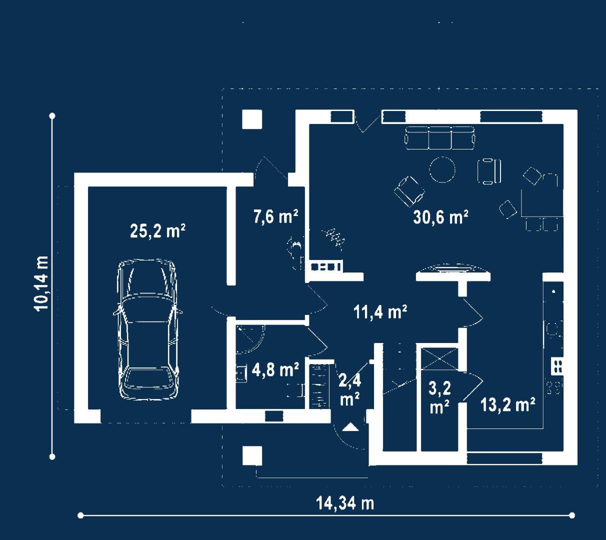 Plan parter Casă cu mansardă 124 mp utili, un dormitor, 2 băi