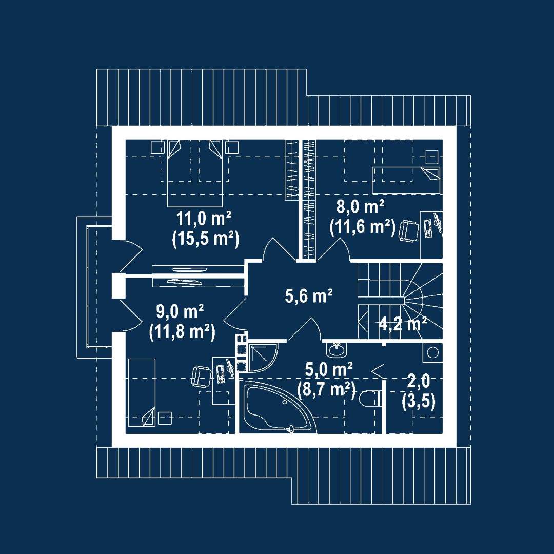 Plan mansardă Casă cu mansardă 100 mp utili, un dormitor, 2 băi