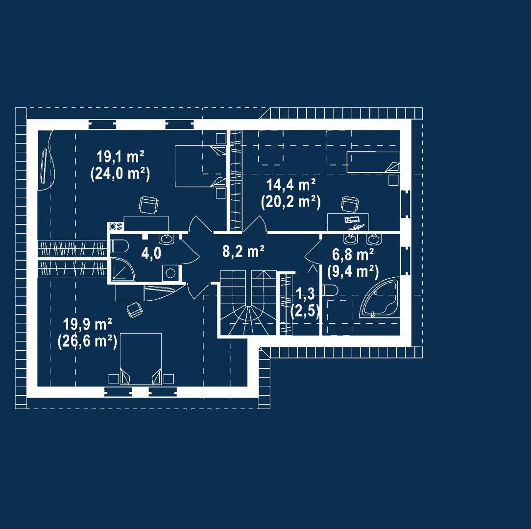 Plan mansardă Casă cu mansardă 136 mp utili, un dormitor, 3 băi
