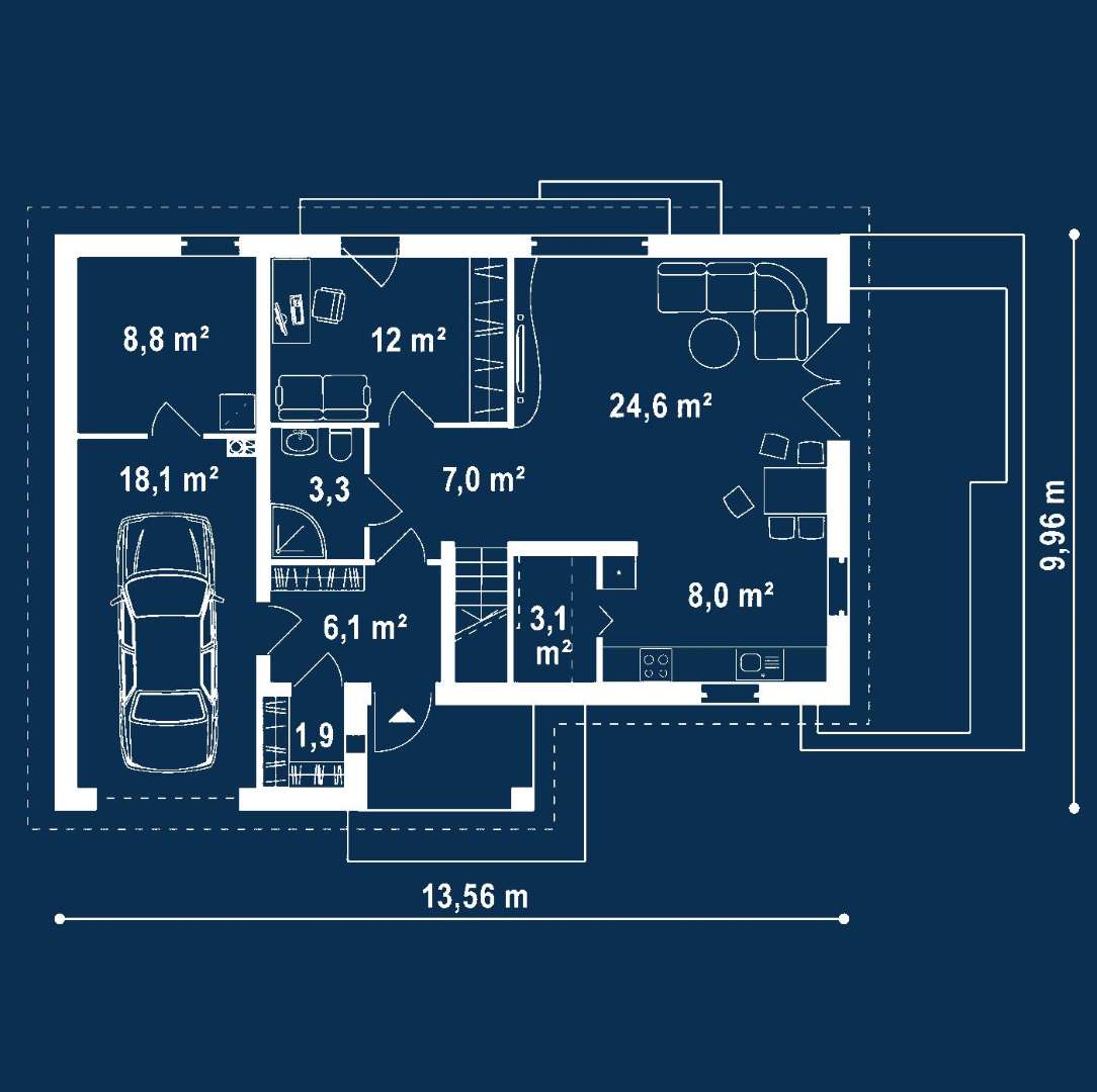 Plan parter Casă cu mansardă 136 mp utili, un dormitor, 3 băi