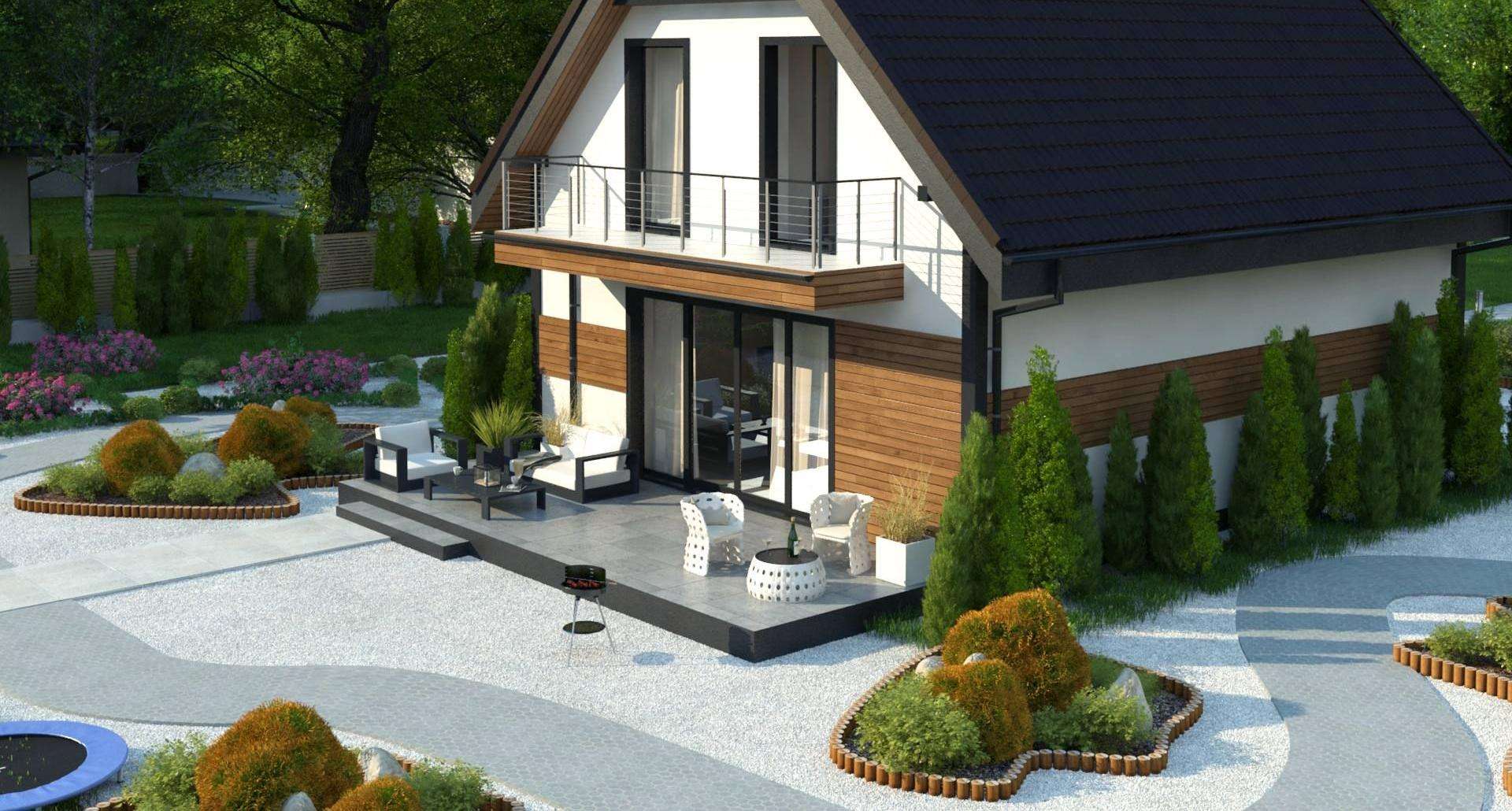 Fatada Casă cu mansardă 106 mp utili, un dormitor, 2 băi