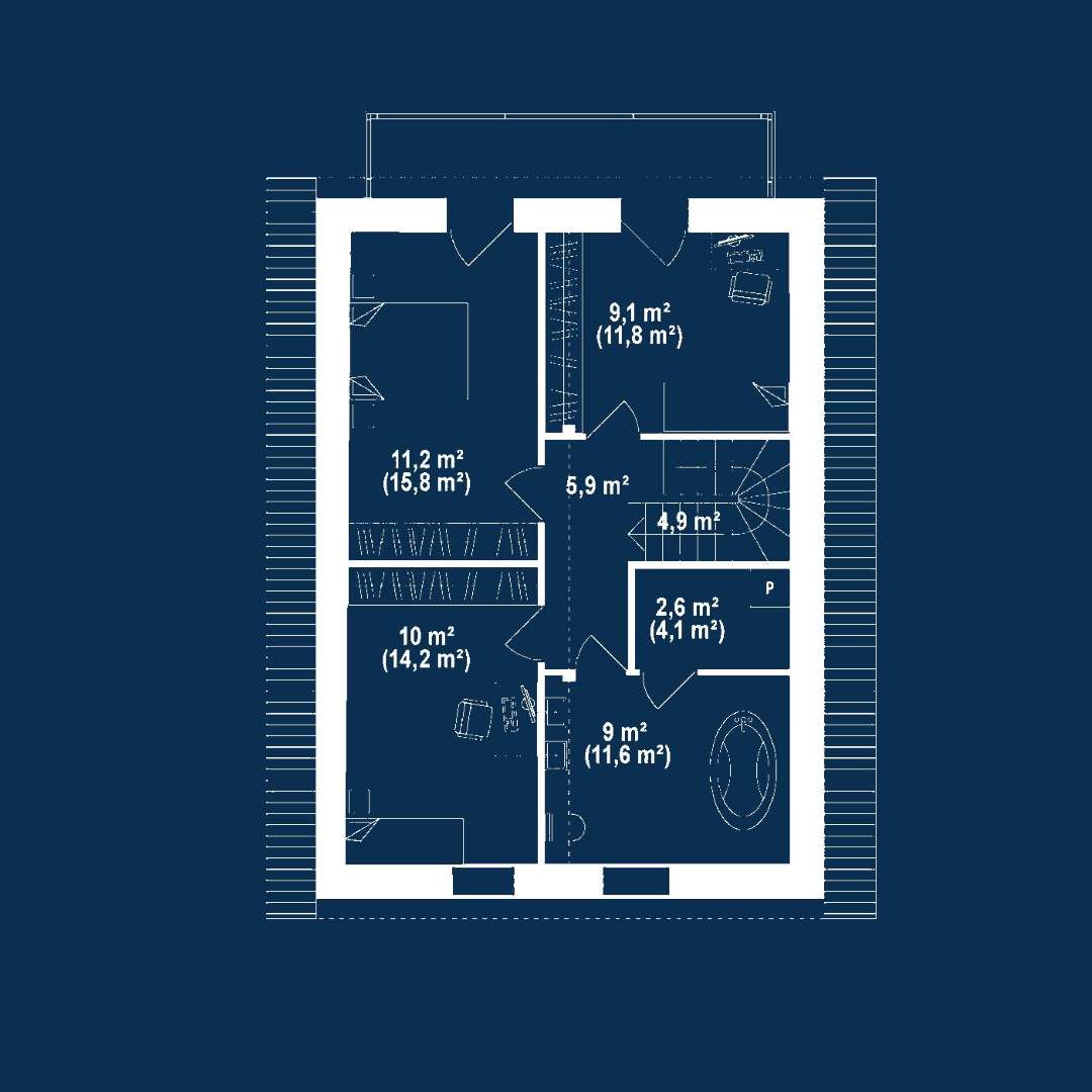 Plan mansardă Casă cu mansardă 106 mp utili, un dormitor, 2 băi