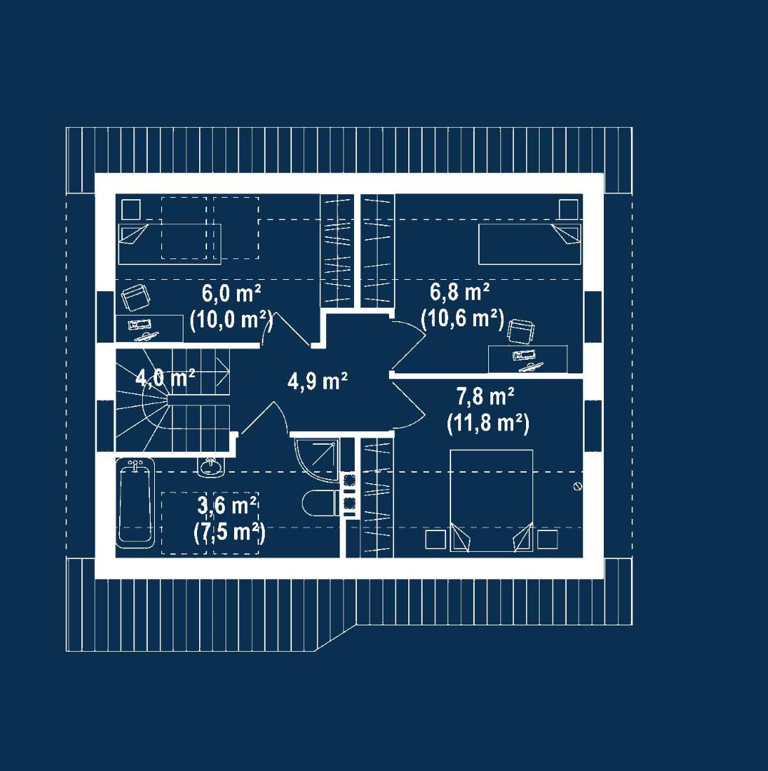Plan mansardă Casă cu mansardă 69 mp utili, un dormitor, 2 băi