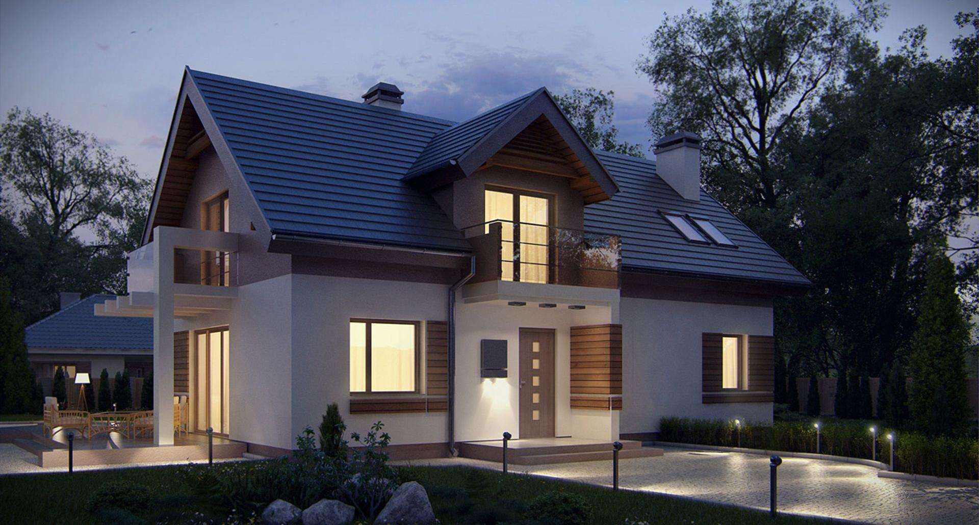 Fatada Casă cu mansardă 132 mp utili, un dormitor, 3 băi