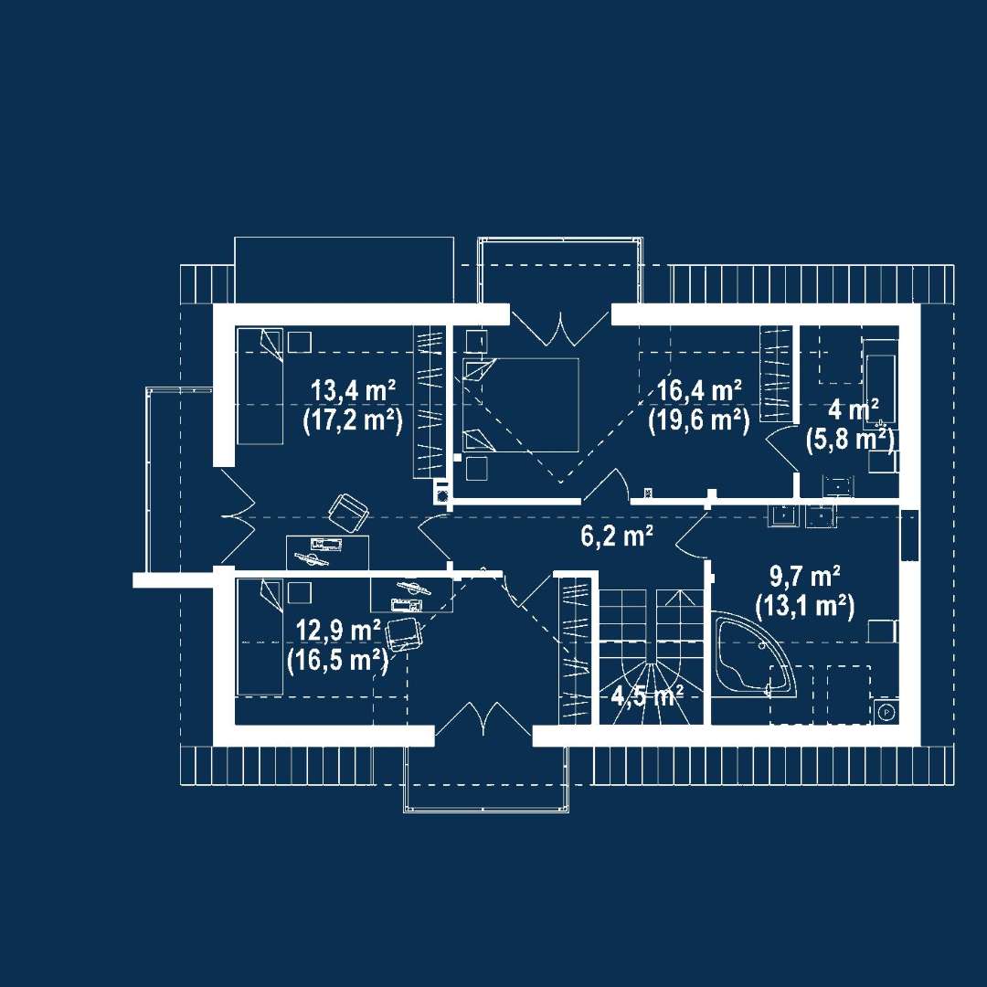 Plan mansardă Casă cu mansardă 132 mp utili, un dormitor, 3 băi