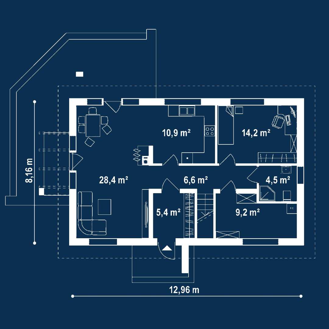 Plan parter Casă cu mansardă 132 mp utili, un dormitor, 3 băi