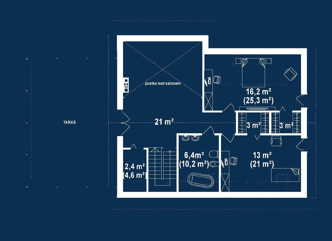 Plan mansardă Casă cu mansardă 173 mp utili, 3 dormitoare, 2 băi