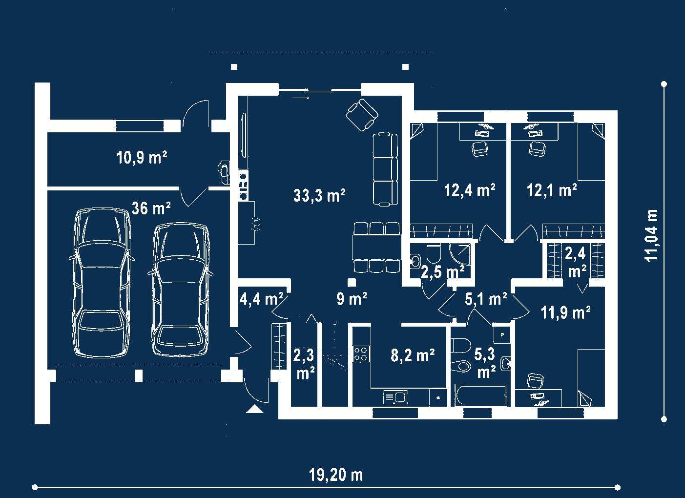 Plan parter Casă cu mansardă 173 mp utili, 3 dormitoare, 2 băi