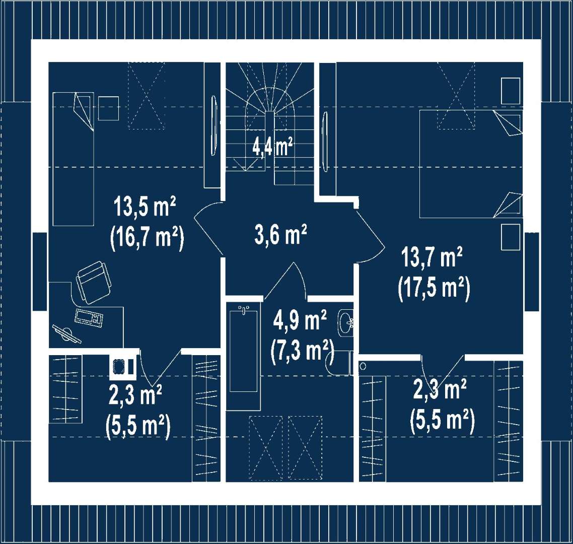 Plan mansardă Casă cu mansardă 90 mp utili, un dormitor, 2 băi
