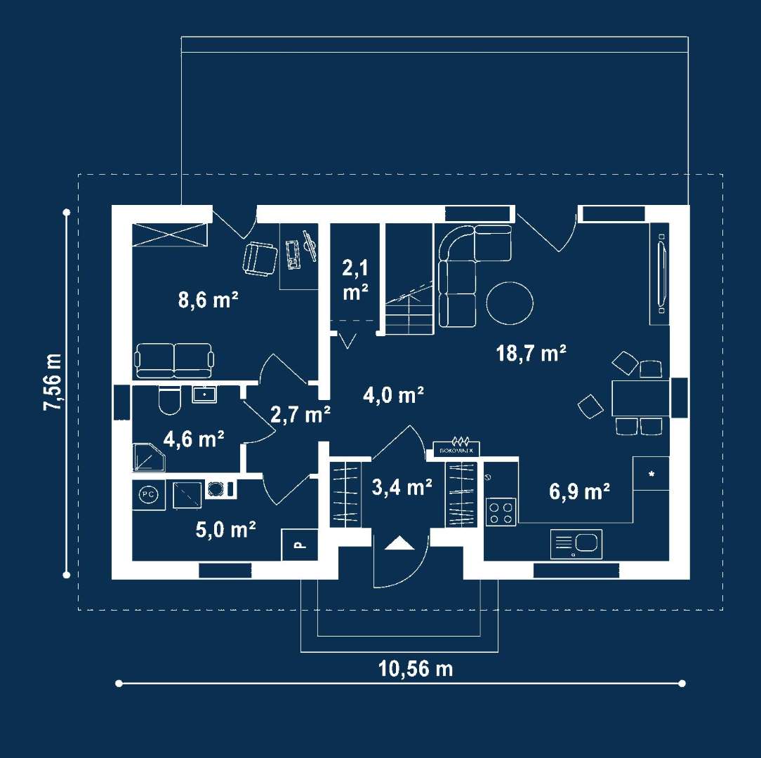 Plan parter Casă cu mansardă 90 mp utili, un dormitor, 2 băi