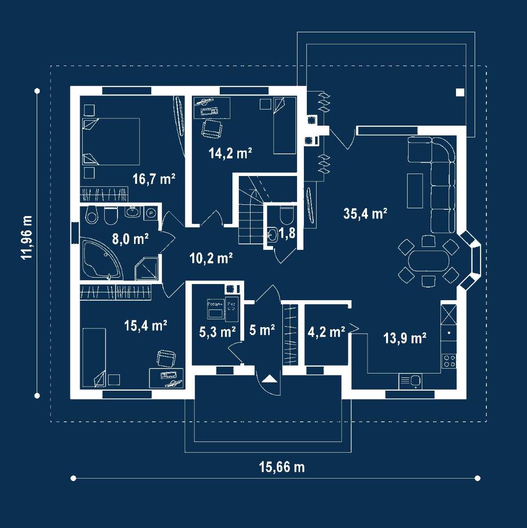 Plan parter Casă cu mansardă 175 mp utili, 3 dormitoare, o baie