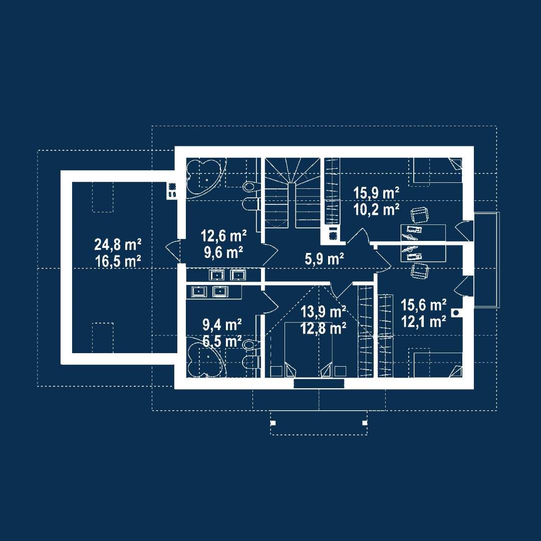 Plan mansardă Casă cu mansardă 148 mp utili, un dormitor, 3 băi